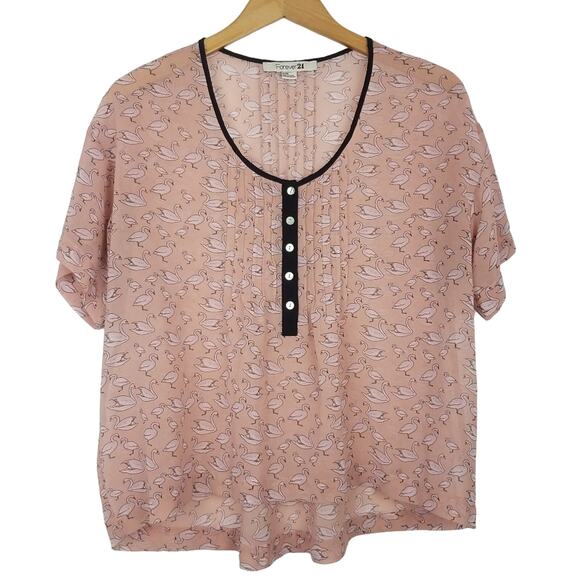 Forever 21 | Light Pink Sheer Top Swans Print - Picture 1 of 6